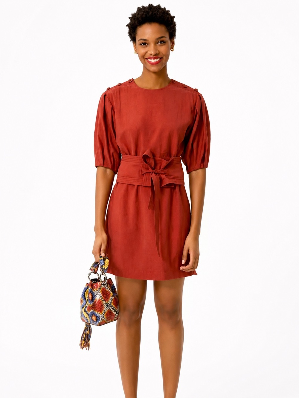 Rebecca Minkoff Juno short-sleeve belted dress brown red Sz S